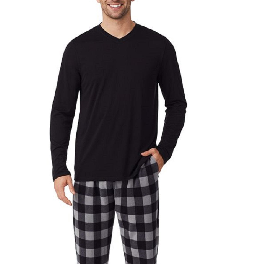 Cuddl Duds Camiseta masculina de manga comprida com decote em V e calça de pijama xadrez de lã, tamanho médio, preta