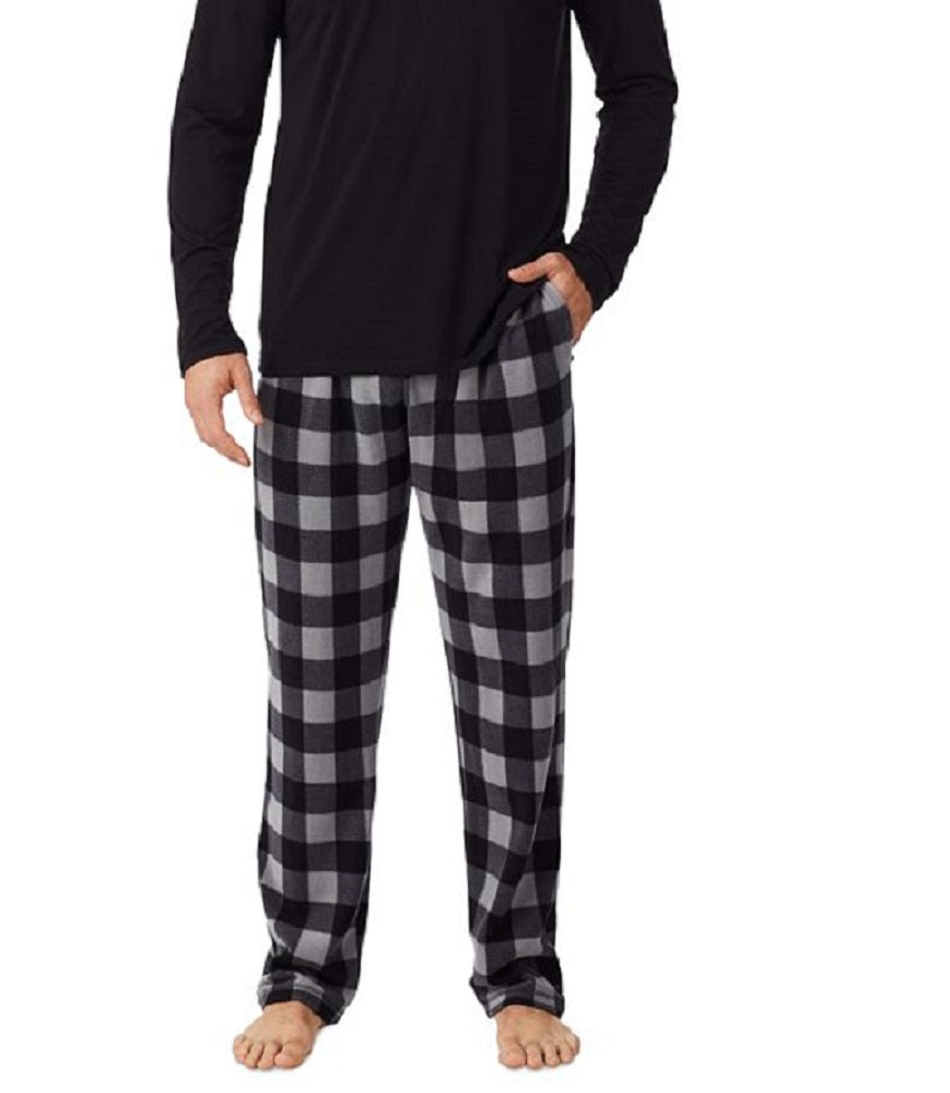 Cuddl Duds Camiseta masculina de manga comprida com decote em V e calça de pijama xadrez de lã, tamanho médio, preta