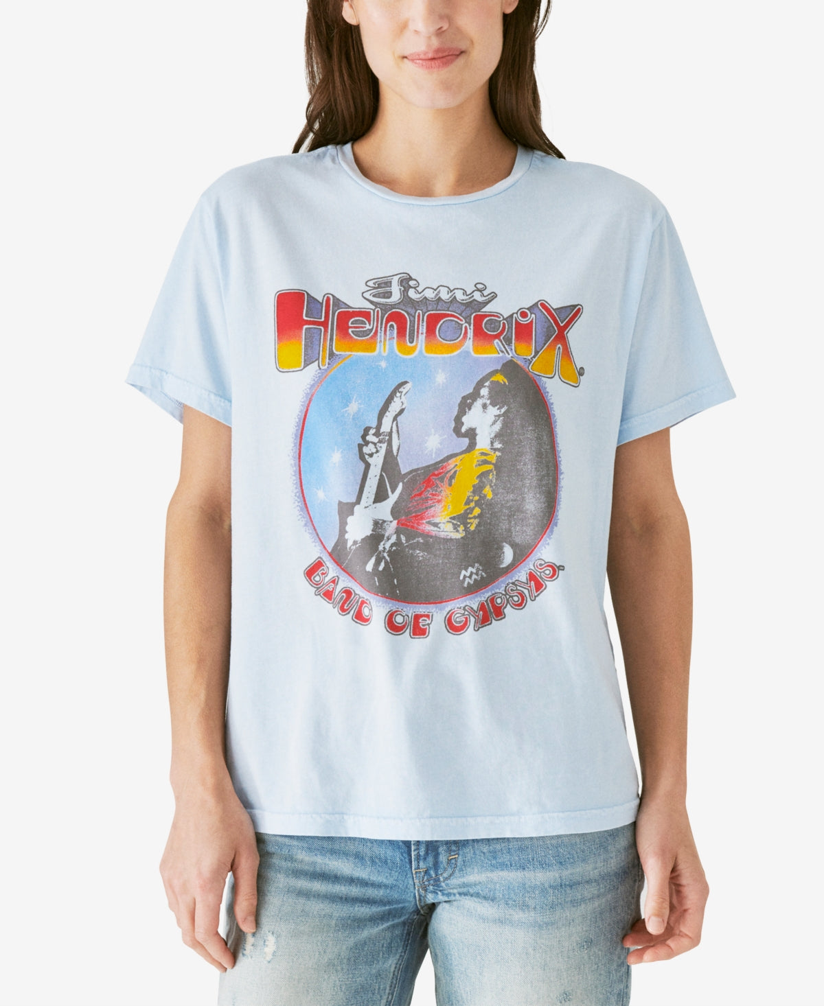 Camiseta feminina estampada com Jimi Hendrix da Lucky Brand, azul, tamanho pequeno