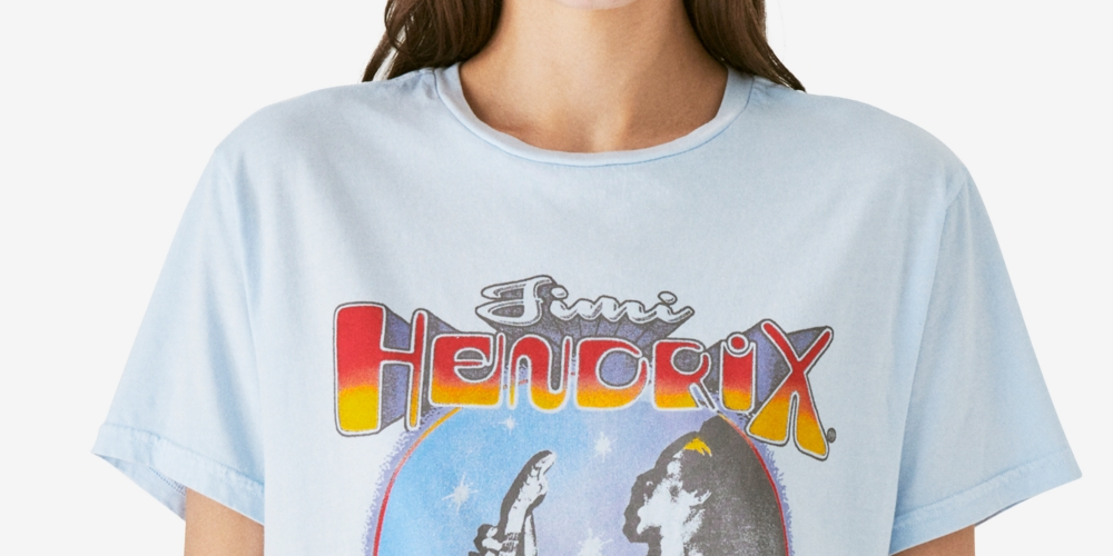 Camiseta feminina estampada com Jimi Hendrix da Lucky Brand, azul, tamanho pequeno