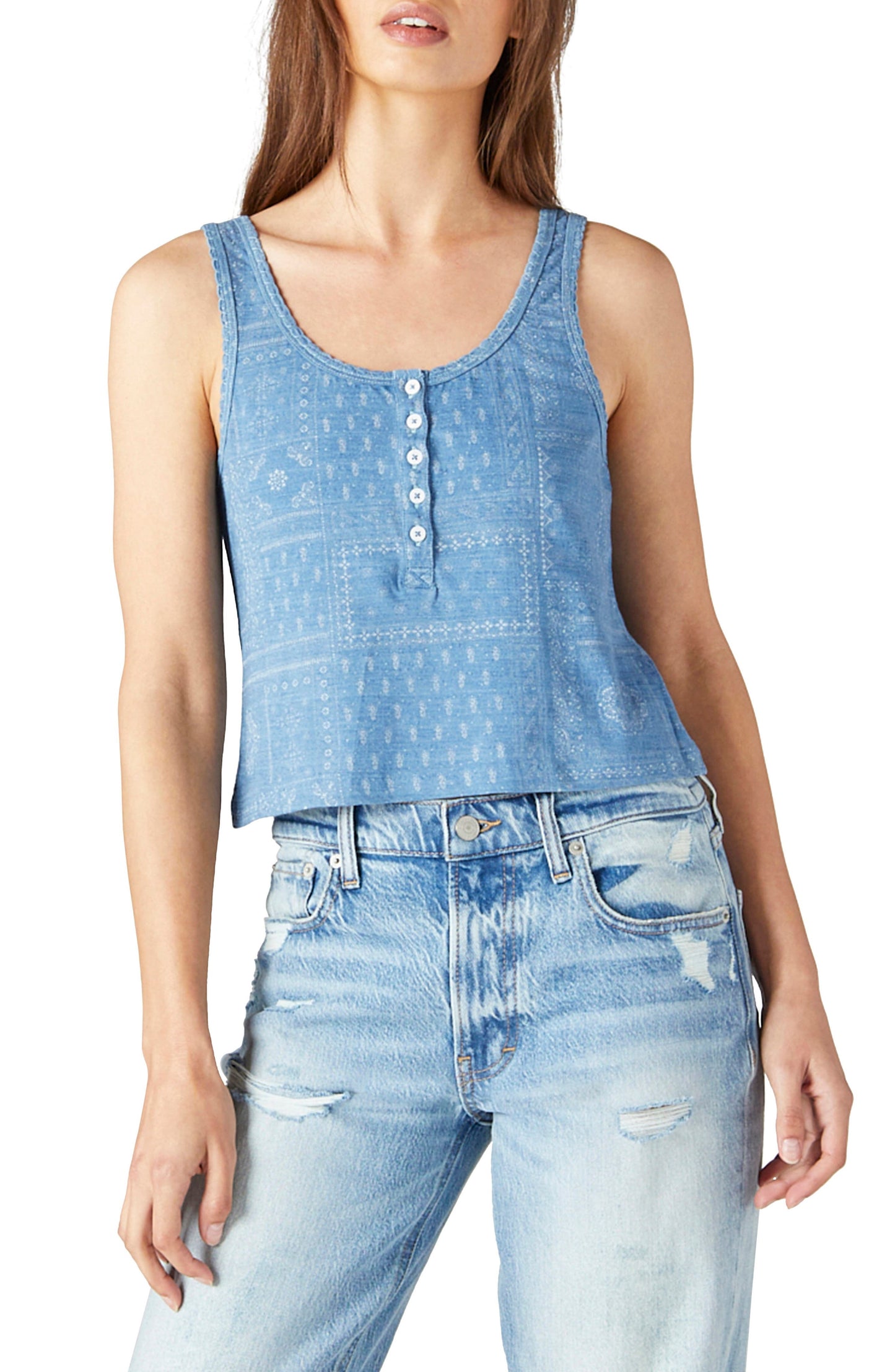 Camiseta Waffle Henley Feminina Lucky Brand Azul