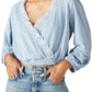 Blusa feminina Lucky Brand de algodão sintético com ilhós, azul, tamanho extragrande