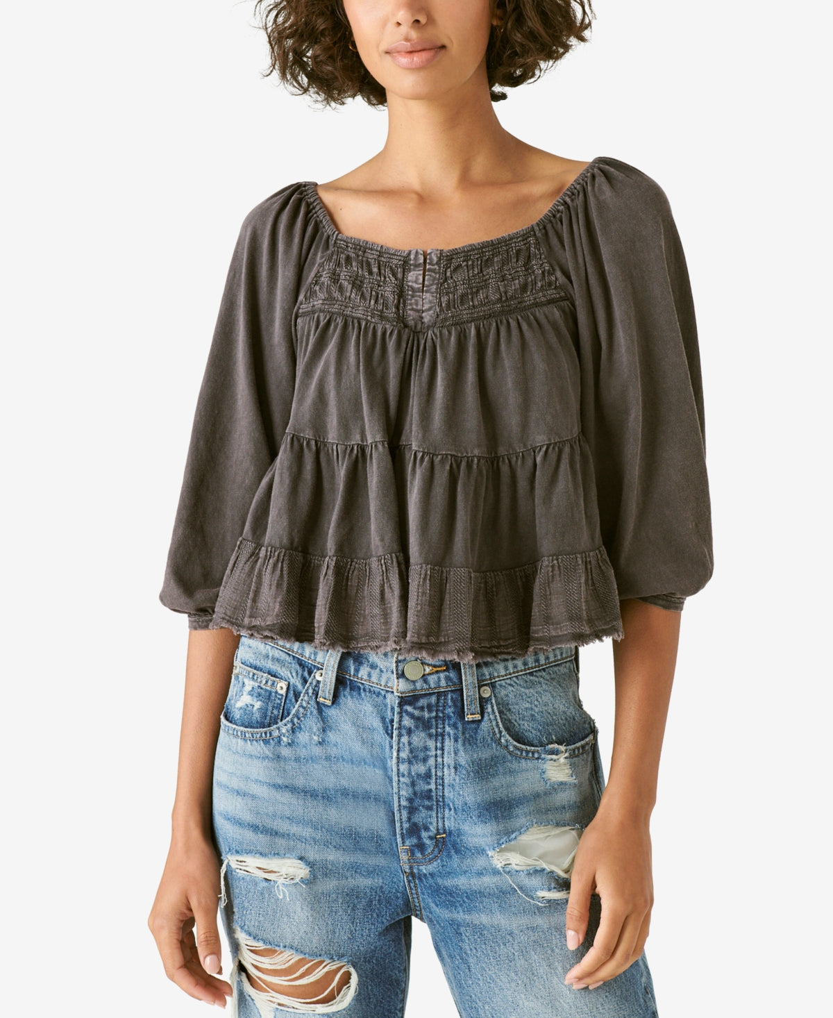 Blusa feminina Lucky Brand de algodão em camadas, preta, tamanho X-G