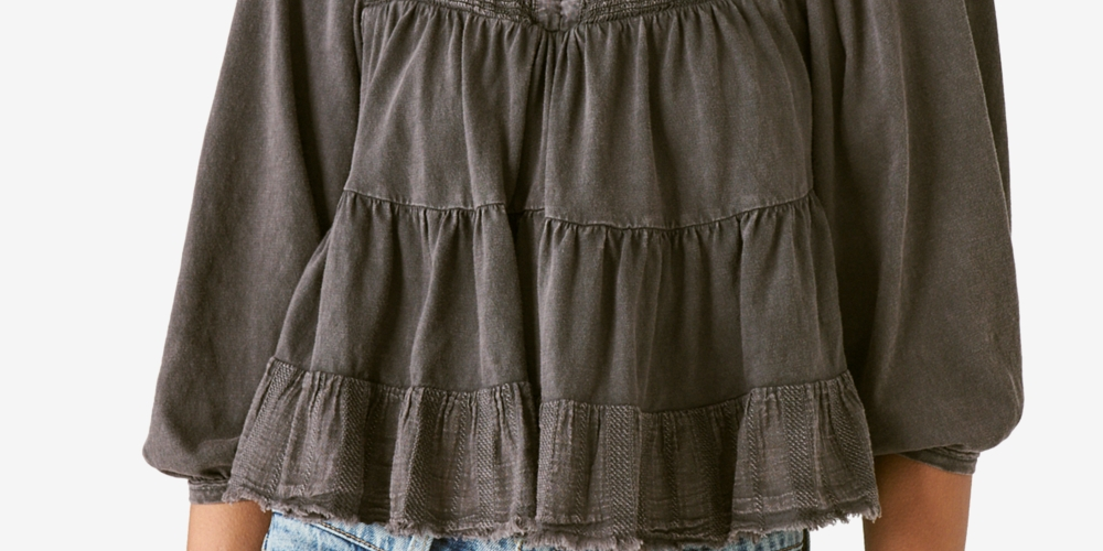 Blusa feminina Lucky Brand de algodão em camadas, preta, tamanho X-G