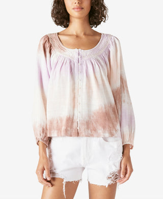 Blusa camponesa bordada feminina Lucky Brand, roxa, tamanho médio