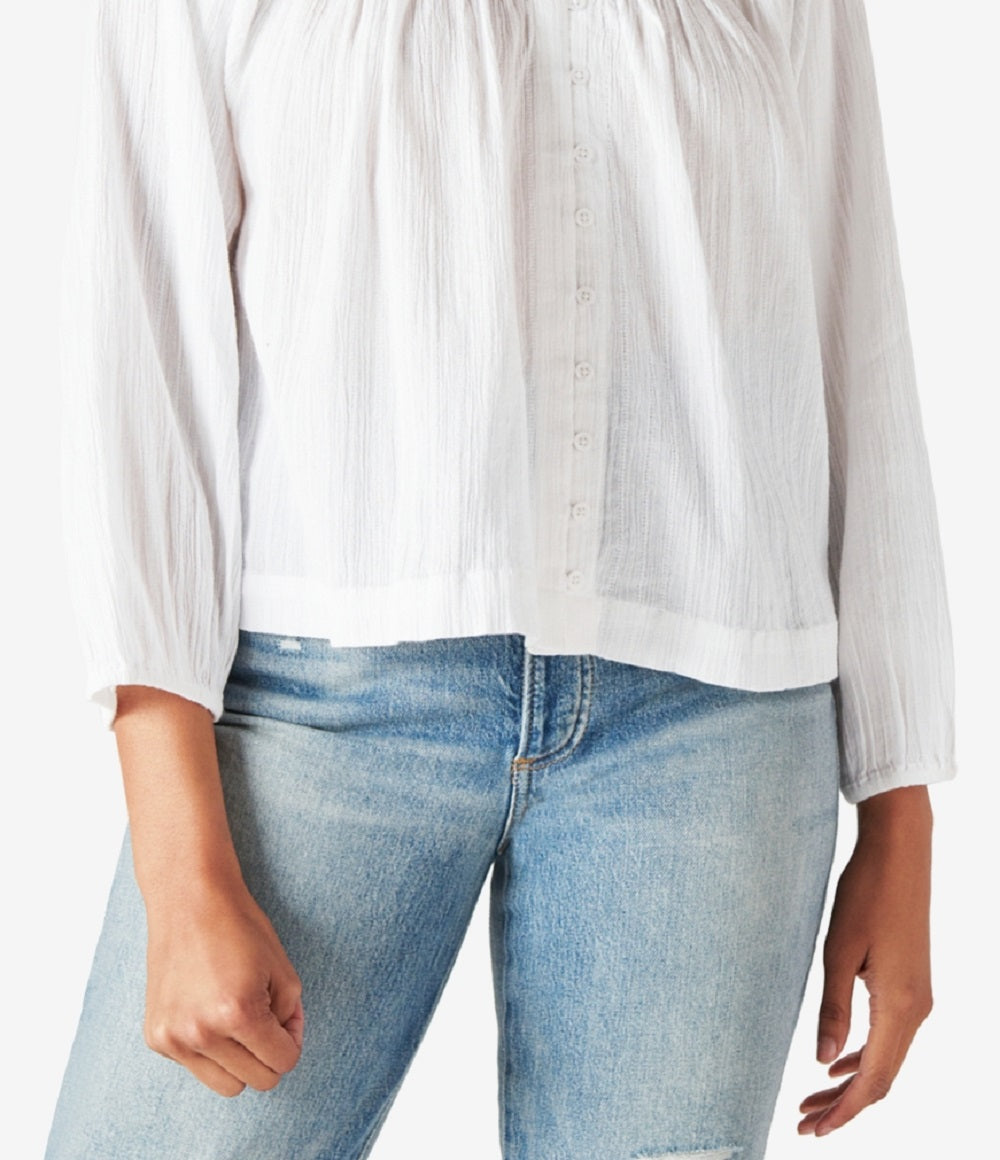 Blusa feminina Lucky Brand de algodão com botões bordados e estampa camponesa, tamanho grande, branca