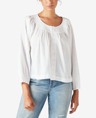 Blusa feminina Lucky Brand de algodão com botões bordados e estampa camponesa, tamanho grande, branca