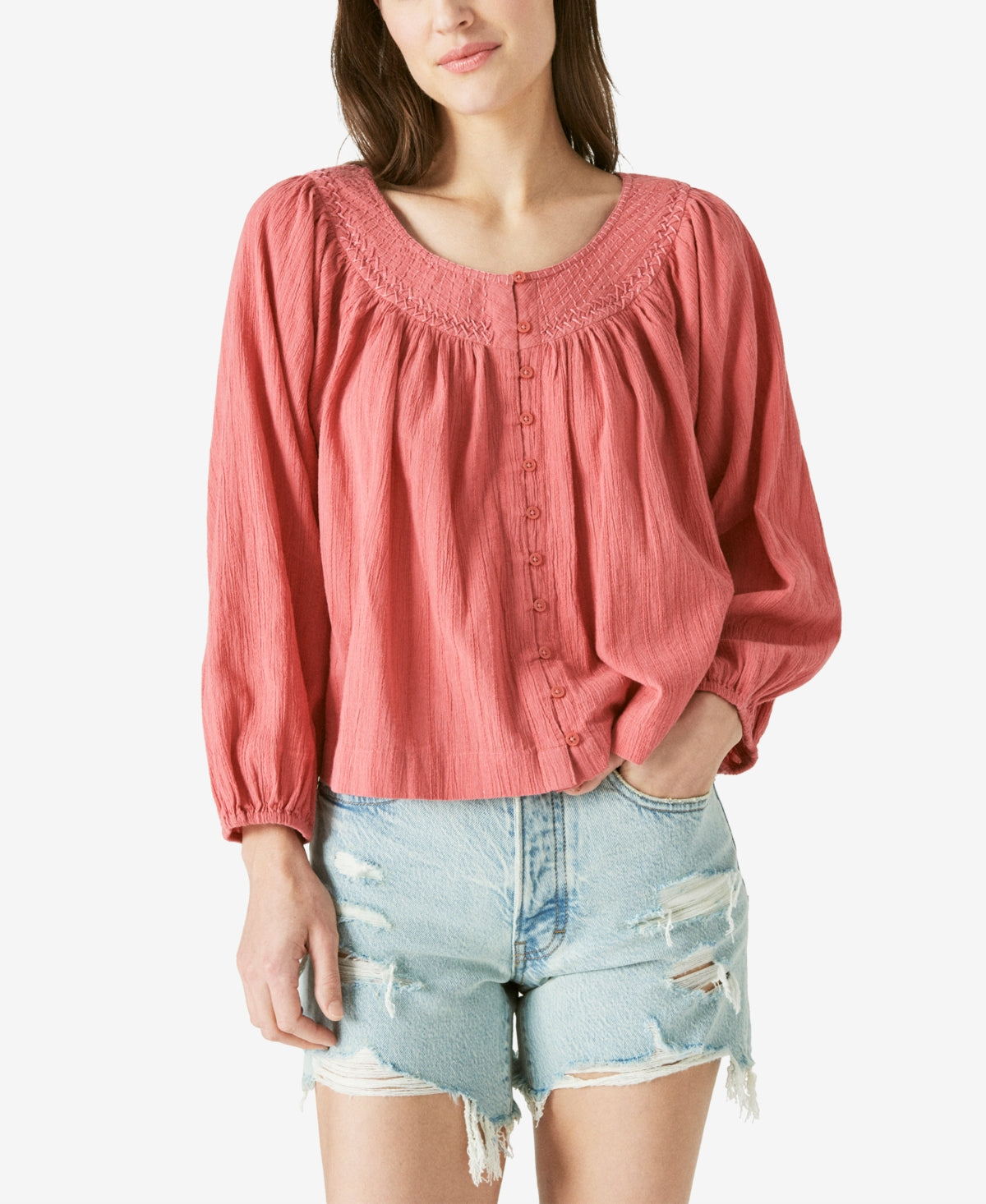 Blusa feminina Lucky Brand de algodão com botões bordados e estampa camponesa, tamanho XX-G