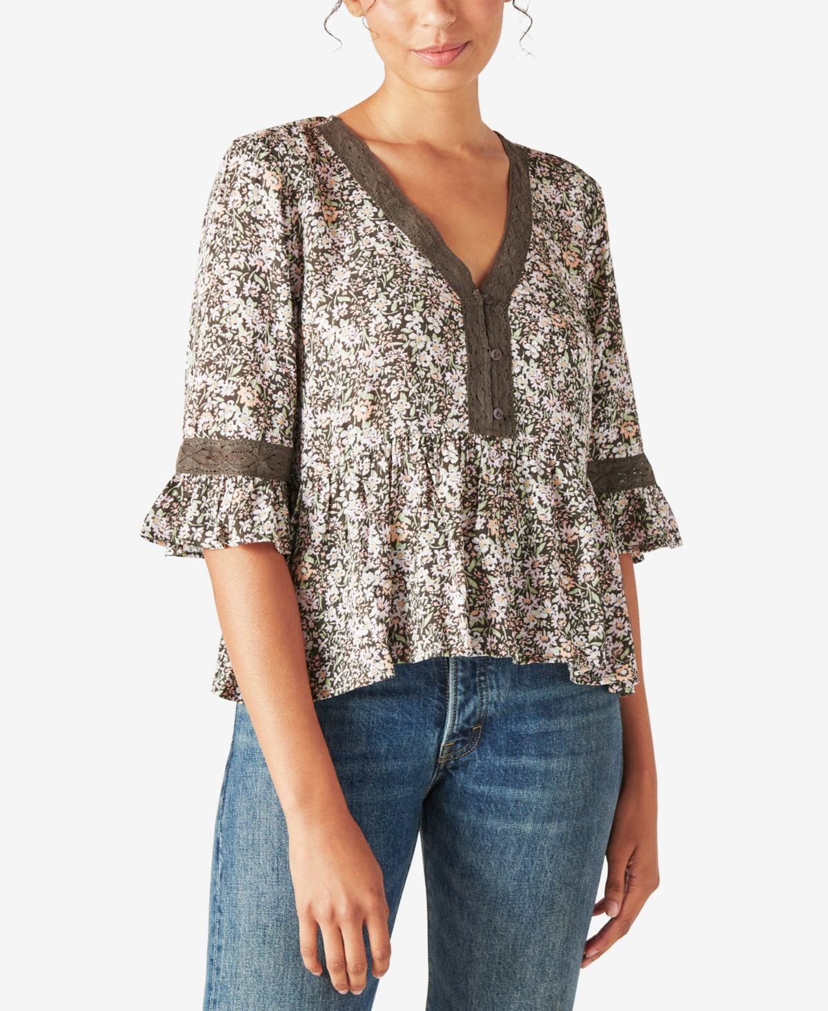 Blusa feminina Lucky Brand com decote em V e renda floral, verde, tamanho X-G