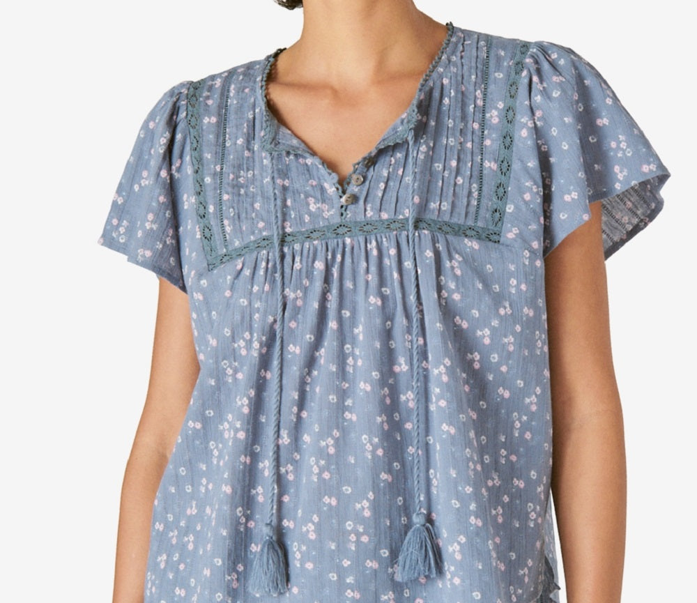 Blusa feminina Lucky Brand Pintuck Ladder Stitch Azul Tamanho P