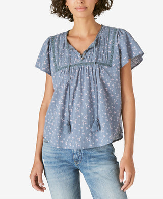 Blusa feminina Lucky Brand Pintuck Ladder Stitch Azul Tamanho P