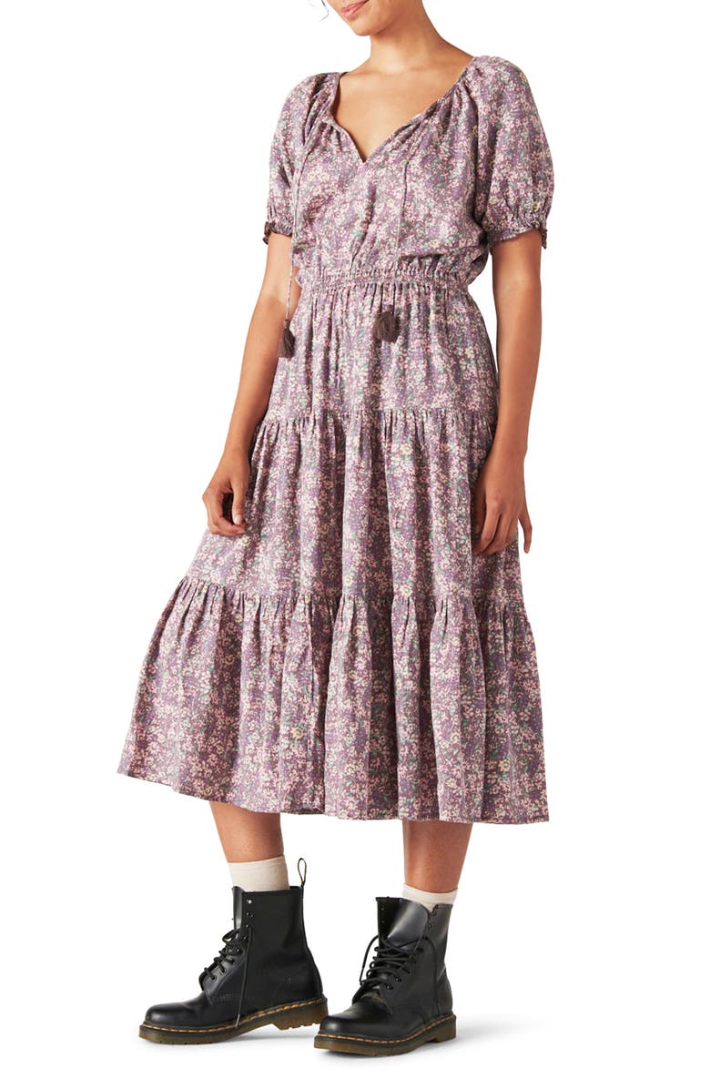 Vestido longo feminino Lucky Brand com cintura franzida e estampa floral, tamanho médio, vermelho