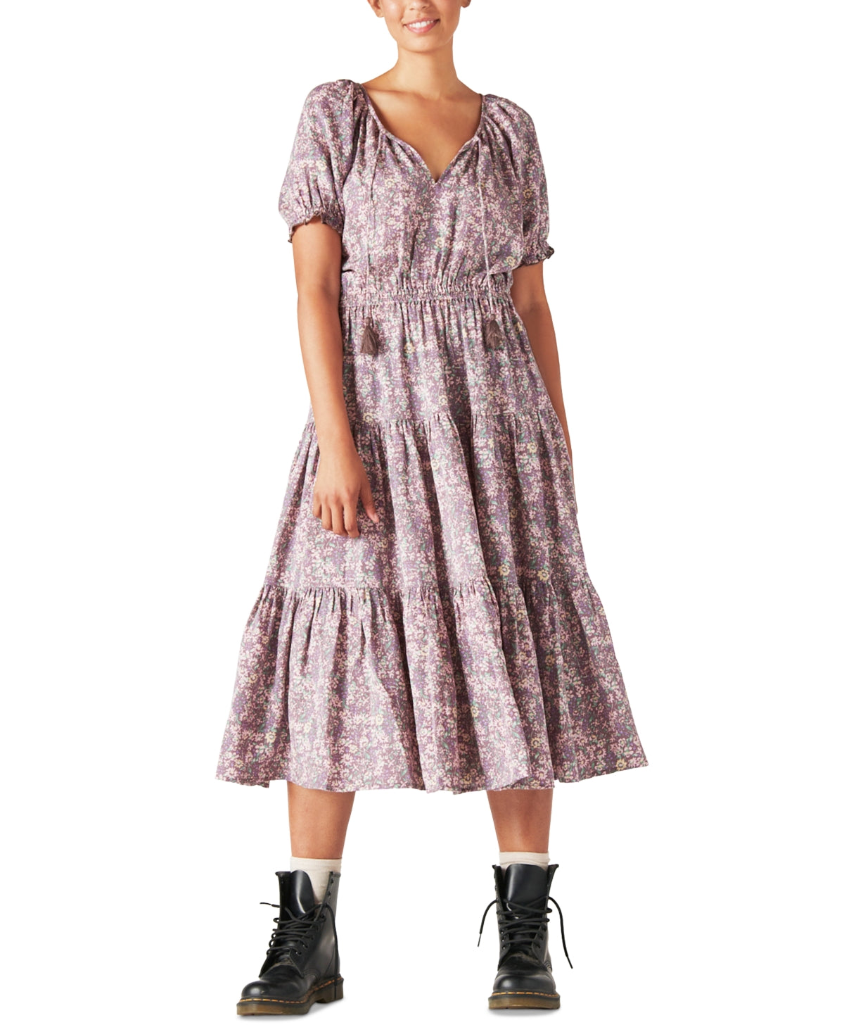 Vestido longo feminino Lucky Brand com cintura franzida e estampa floral, tamanho médio, vermelho
