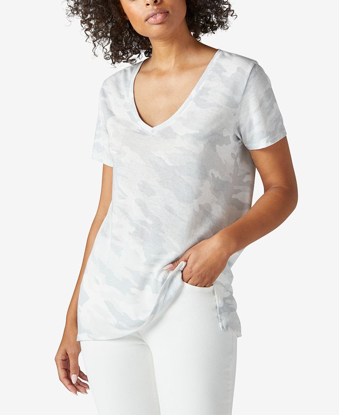 Camiseta feminina clássica com decote em V Lucky Brand, cinza, tamanho extragrande