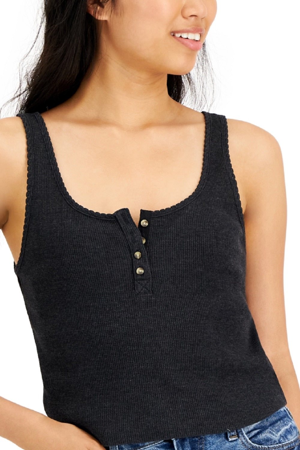 Camiseta regata feminina Waffle Boy Henley da Lucky Brand, preta