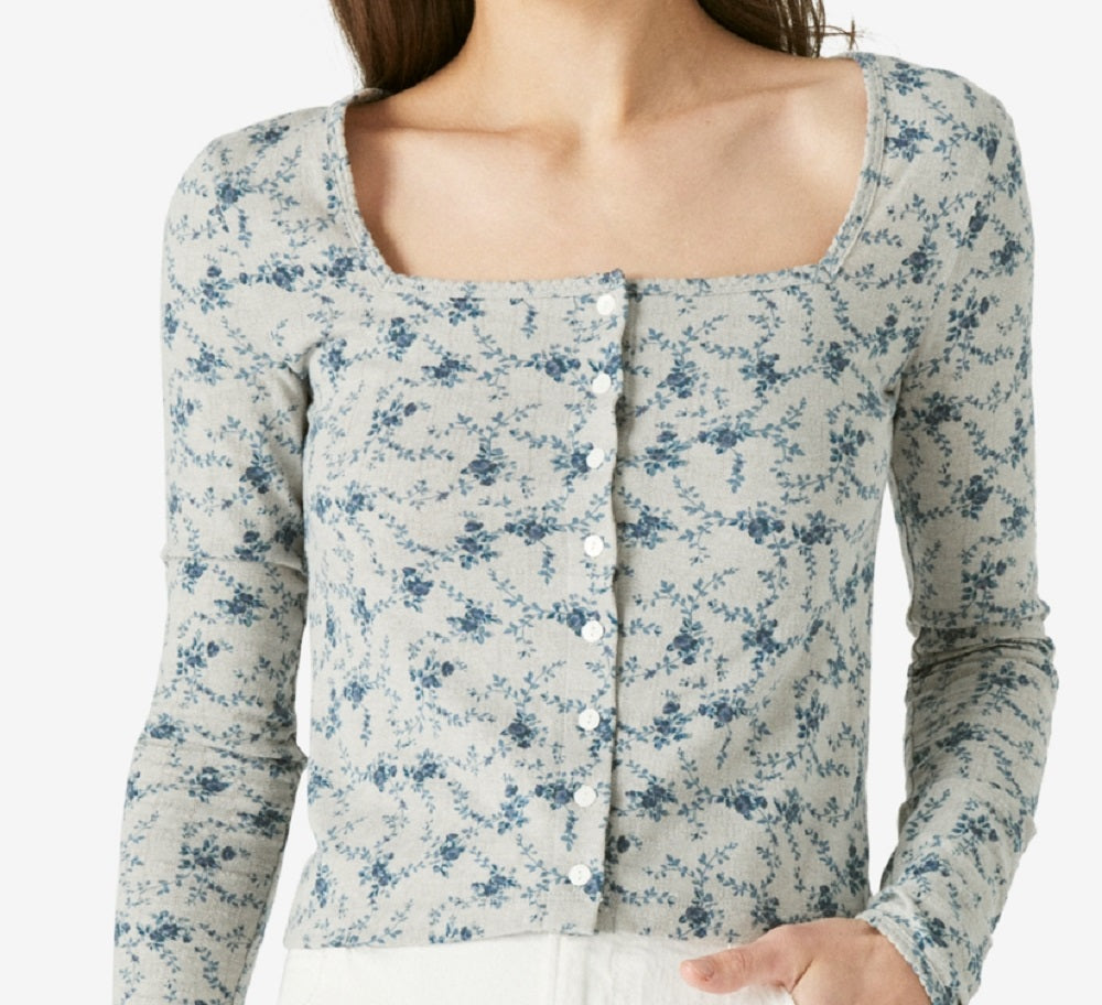 Cardigan feminino Lucky Brand Pointelle, azul, tamanho grande