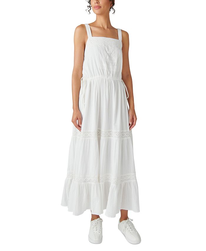 Vestido longo feminino Lucky Brand com renda e camadas, branco, tamanho médio