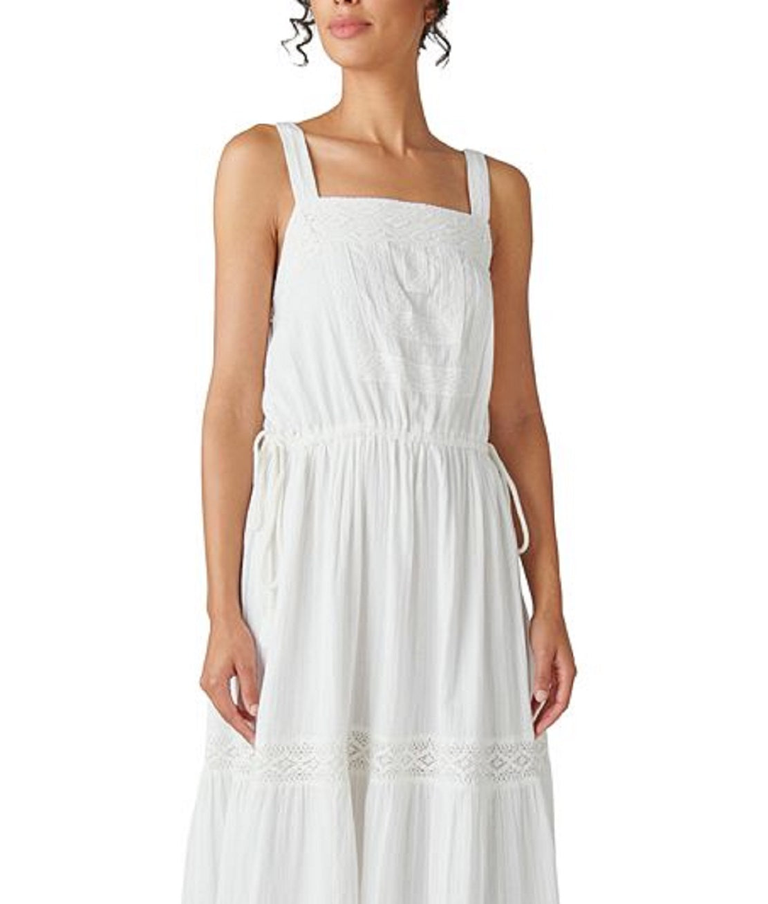 Vestido longo feminino Lucky Brand com renda e camadas, branco, tamanho médio