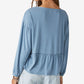 Lucky Brand Blusa de malha feminina com decote dividido e manga comprida, azul, tamanho médio
