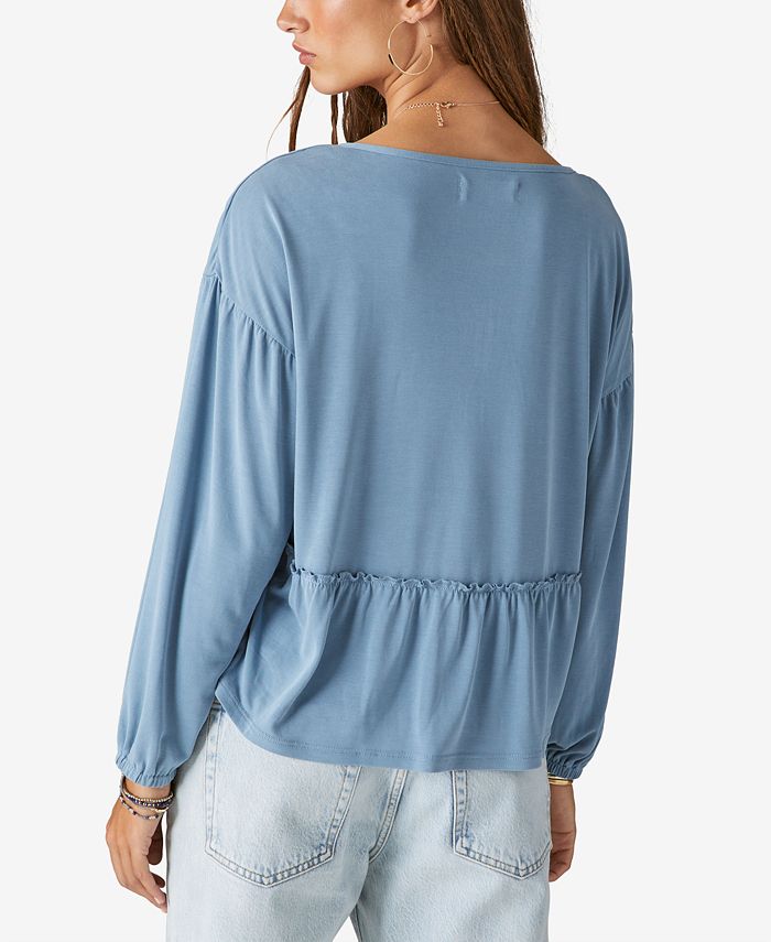 Lucky Brand Blusa de malha feminina com decote dividido e manga comprida, azul, tamanho médio