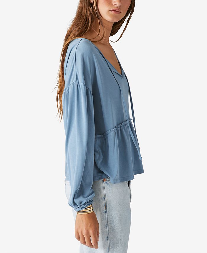 Lucky Brand Blusa de malha feminina com decote dividido e manga comprida, azul, tamanho médio