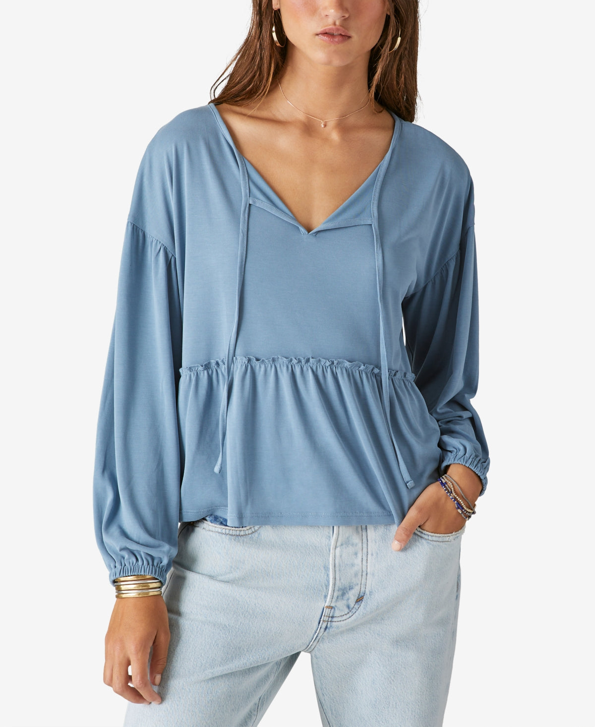 Lucky Brand Blusa de malha feminina com decote dividido e manga comprida, azul, tamanho médio