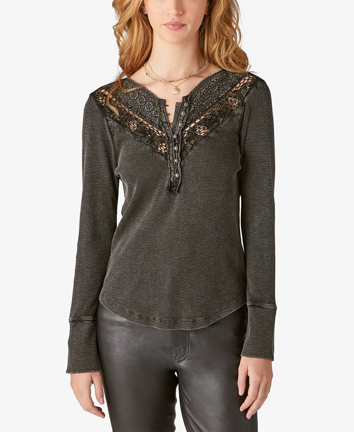 Lucky Brand Feminino Rendado Rib Henley Cinza Tamanho X-G