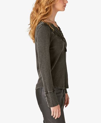 Lucky Brand Feminino Rendado Rib Henley Cinza Tamanho X-G