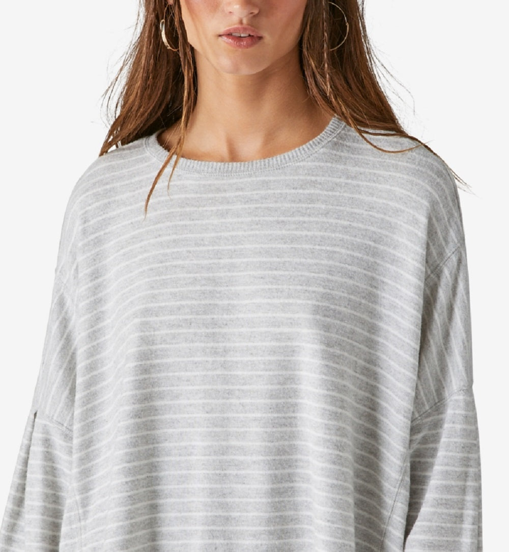 Suéter feminino listrado com listras Lucky Brand em jersey cinza tamanho grande