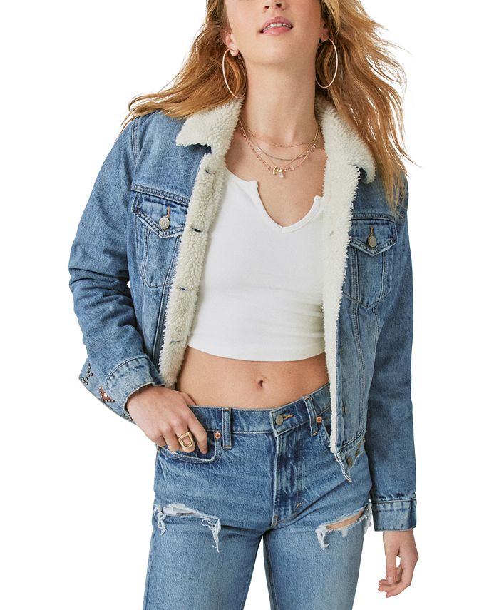 Jaqueta jeans feminina Lucky Brand com forro de pele sintética e detalhes em azul, tamanho grande