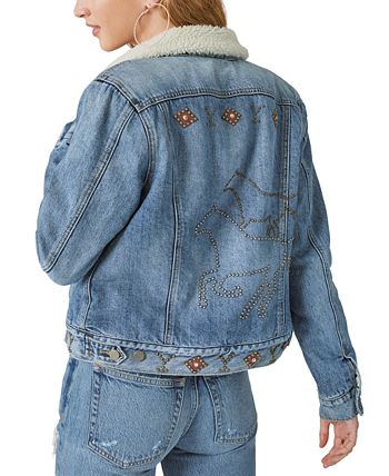 Jaqueta jeans feminina Lucky Brand com forro de pele sintética e detalhes em azul, tamanho grande