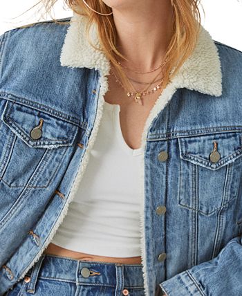 Jaqueta jeans feminina Lucky Brand com forro de pele sintética e detalhes em azul, tamanho grande