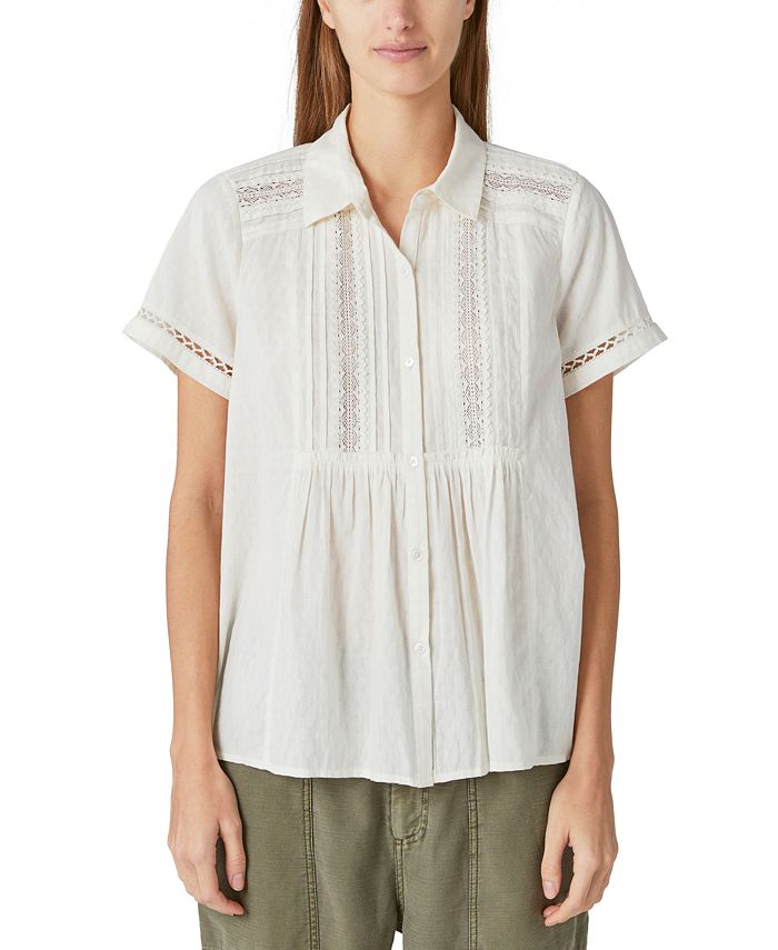 Camisa feminina Lucky Brand com botões e renda, tamanho médio, branca