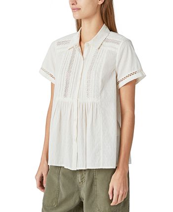 Camisa feminina Lucky Brand com botões e renda, tamanho médio, branca