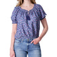Blusa camponesa feminina estampada de manga curta Lucky Brand, azul, tamanho médio