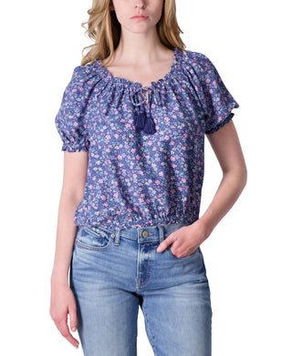 Blusa camponesa feminina estampada de manga curta Lucky Brand, azul, tamanho médio