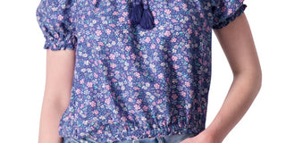 Blusa camponesa feminina estampada de manga curta Lucky Brand, azul, tamanho médio