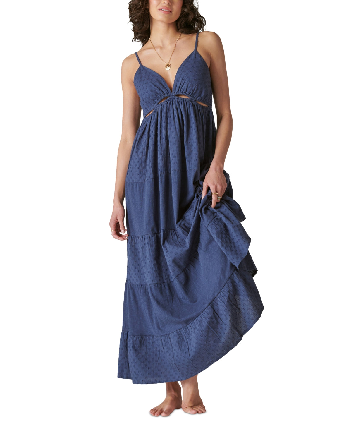 Vestido longo feminino Lucky Brand, sem mangas, com recortes, em camadas, azul, tamanho extragrande