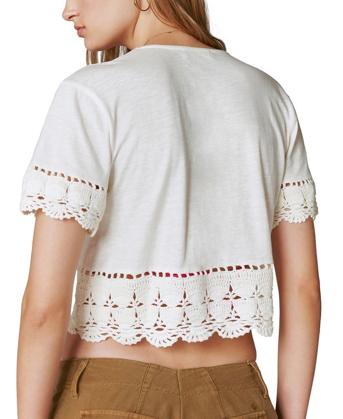 Blusa curta feminina de crochê com decote em V, branca, da Lucky Brand
