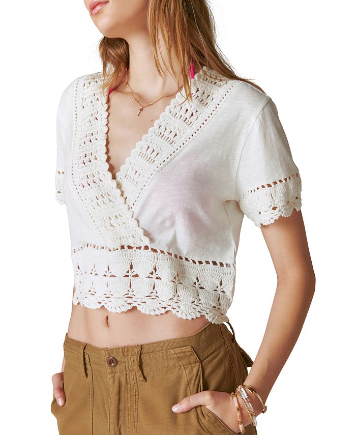 Blusa curta feminina de crochê com decote em V, branca, da Lucky Brand