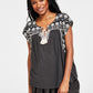 Camiseta feminina bordada estilo camponês Lucky Brand, preta