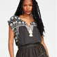 Camiseta feminina bordada estilo camponês Lucky Brand, preta