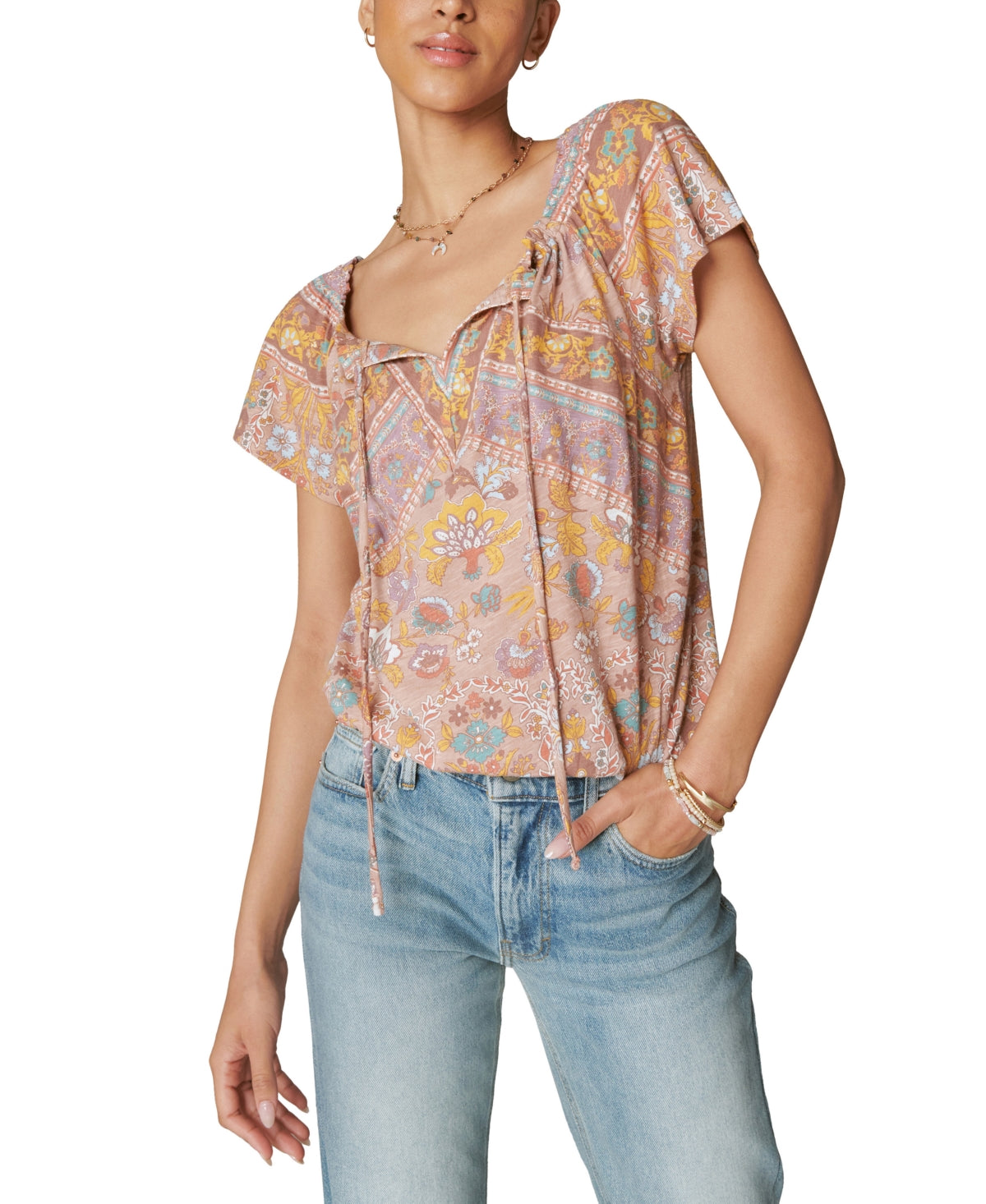 Blusa feminina Lucky Brand de algodão estampado com bolhas camponesas, bege, tamanho médio