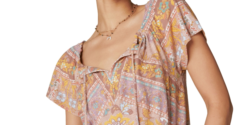 Blusa feminina Lucky Brand de algodão estampado com bolhas camponesas, bege, tamanho médio