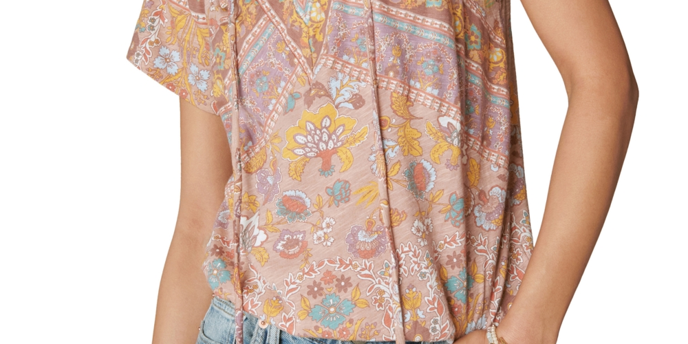 Blusa feminina Lucky Brand de algodão estampado com bolhas camponesas, bege, tamanho médio