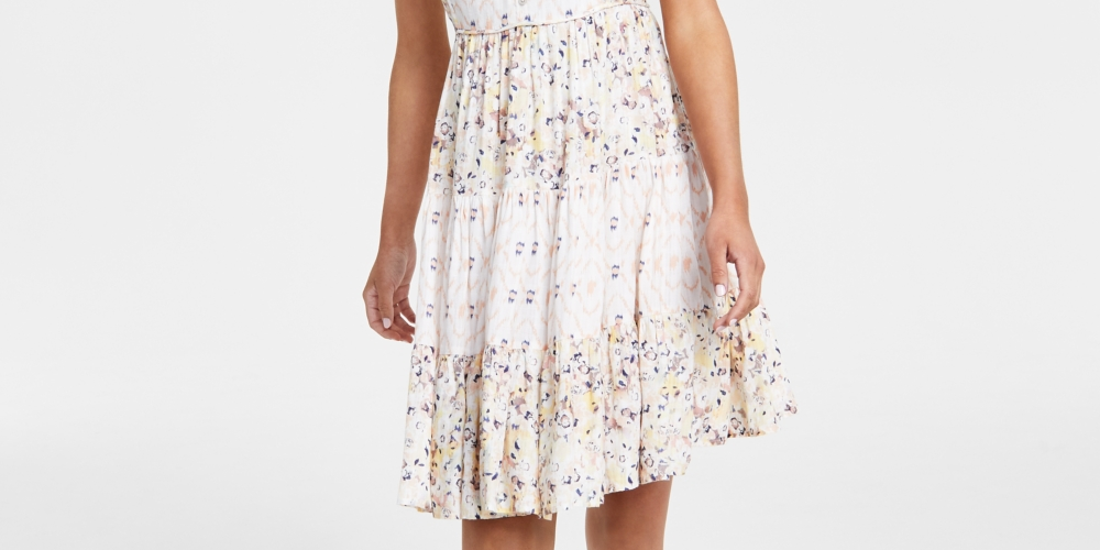 Lucky Brand Minivestido feminino estampado com botões frontais, bege, tamanho extrapequeno