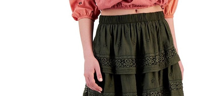 Minissaia feminina Lucky Brand Cotton Schiffly bordada preta tamanho grande