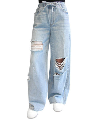 Calça jeans larga com cordão na cintura, estilo quase famoso, tamanho P, azul