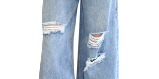 Calça jeans larga com cordão na cintura, estilo quase famoso, tamanho P, azul