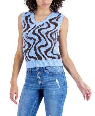 Crave Fame Junior's Retro Printed V Neck Sweater Vest Blue Size Medium